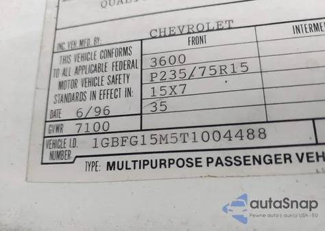 1996 Chevrolet G10 from USA, damaged, VIN 1GBFG15M5T1004488